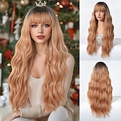 baratos Perucas Sintéticas sem Touca-Perucas sintéticas Uniformes Trajes de carreira Princesa Encaracolado Ondulado Parte do meio Corte em Camadas Com Franjas Fabrico à Máquina Peruca 30 polegadas Castanho Escuro Cabelo Sintético