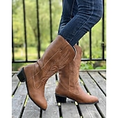 tanie Kowboj i zachodnie buty-damskie kowbojskie buty w stylu western – klasyczne, sięgające do połowy łydki, brązowe, ze sztucznej skóry z haftowanym wzorem, idealne na co dzień, na festiwale i do strojów wiejskich