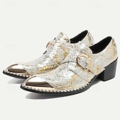 abordables Mocassins en cuir de qualité supérieure-chaussures habillées en cuir métallisé doré pour hommes avec motif peau de serpent, bout carré et détail boucle - parfaites pour les mariages, les fêtes et autres événements spéciaux
