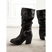 cheap Slouch Boots-Women&#039;s Brown Mid-Calf Slouchy Boots with Decorative Buckle and Low Block Heel – Casual Western Style, Perfect for Fall and Winter Fashion