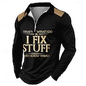 お買い得  メンズ ファンテキストポロ-男の長袖クォータージップグラフィックTシャツ「私は物を修理し、物事を知っている」仕事のユーモアプリント、襟付き