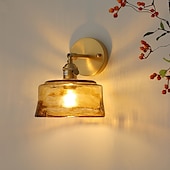 cheap Indoor Wall Lights-Modern Brass Wall Light Minimalist Sconces with Tea Color Glass Shade Wall Lamps with 90° Up and Down Adjustment 110-240V
