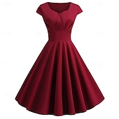 abordables Robes-Rétro Vintage Années 1950 Rockabilly Midi Robe Robe trapèze Robe Évasée Ajusté &amp; Évasé Col en V Femmes Halloween Carnaval Saint-Valentin Occasionnel Retour à la maison Soirée à thème rétro Adulte Robe
