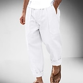 baratos Clássico-Homens Calças de linho Calças Calça verão Com Cordão Cintura elástica Perna reta Tecido Conforto Respirável Comprimento total Ao ar livre Casual Diário Moda Estilo Clássico Preto Branco