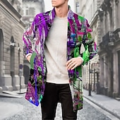 cheap Men&#039;s Print Lightweight Coats-Men&#039;s Oil Painting Winter Coat Fleece Jacket Overcoat Thermal Comfortable Artistic Casual Party Daily Wear Buttons 3D Print Front Pocket Winter Turndown Long Sleeve Yellow Blue Purple