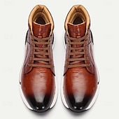 cheap Premium Leather Boots-Men&#039;s Brown Leather Sneaker Boots with Crocodile Texture and Script Embossing – Premium Cowhide Casual High-Top Footwear with Sporty Sole
