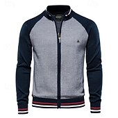 billiga Herrarnas Elite Tröjor &amp; Koftor-Herr Cardigan Tröja Kofta Ribbad Sticka Vanliga toppar Dragkedja Färgblock Kinakrage Stickat Neutral Utomhus Kläder Vår &amp; Höst Svart Marinblå S M L