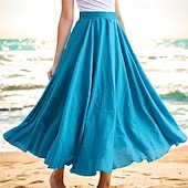 billige Chiffon skjørt-Dame Huske Langt skjørt Fritid Høst Maksi Høy Midje Skjørt Ensfarget Multi Layer Lang Ferie Fritid / hverdag Påfugl Blå Blå Ingefær Oransje Vår sommer Lin / bomullsblanding
