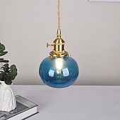 economico Luci a sospensione-lampada a sospensione in vetro soffiato blu bagno lampada a sospensione in vetro verde lampada a sospensione a sfera in vetro trasparente rigato lampada a isola zucca vintage 85-265v