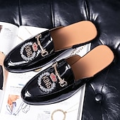 preiswerte Clogs &amp; Pantoletten für Herren-Herren-Loafer aus besticktem Lackleder, Pantoletten zum Hineinschlüpfen ohne Fersenteil mit Kronenemblem und Metallschnallendetail, perfekt für elegante und legere Anlässe