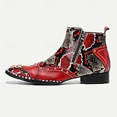 cheap Premium Leather Boots-Men&#039;s Red &amp; Black Snakeskin Leather Ankle Boots with Metallic Toe Cap and Side Zipper – Premium Cowhide Statement Footwear with Stud Accents
