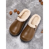 economico Zoccoli e pianelle da donna-Zoccoli invernali da donna in similpelle nera foderati in pile – comode scarpe da casa e da esterno slip-on per il comfort nelle giornate fredde