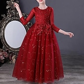 preiswerte Kleider für die Blumenmädchen-Blumenmädchenkleid Kinder Mädchen Prinzessinenkleid Leistung Hochzeit Party Elegant Schön Gitter Feste Farbe Langarm Rundhalsausschnitt Weinrot Weiß 4 Jahre +