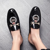 preiswerte Clogs &amp; Pantoletten für Herren-Herren-Loafer aus besticktem Lackleder, Pantoletten zum Hineinschlüpfen ohne Fersenteil mit Kronenemblem und Metallschnallendetail, perfekt für elegante und legere Anlässe