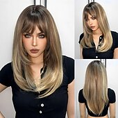 voordelige Synthetische trendy pruiken-24 inch synthetische pruik damespruik donkerbruin lang golvend krullend haar met pony mode elegant dagelijks natuurlijk