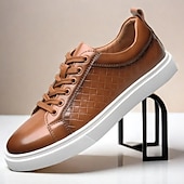 economico Sneakers da uomo-sneakers da uomo in similpelle intrecciata marrone - design casual con lacci e comoda suola bianca per l&#039;uso quotidiano