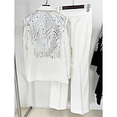 cheap Mom&#039;s Pant Suits-Two Piece Pantsuit Evening Gown Vintage Dress Tuxedo Dress Formal Wedding Floor Length Long Sleeve Shirt Collar  with Glitter