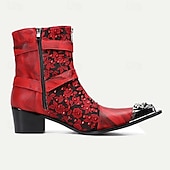 cheap Premium Leather Boots-Men&#039;s Red &amp; Black Gothic Leather Ankle Boots with Skull Buckles, Studded Accents, and Embroidered Floral Design – Premium Cowhide Punk Rock Footwear