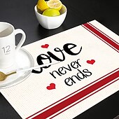 お買い得  Placemats＆Coasters＆Trivets-バレンタインデーのプレースマット4枚セット。ハートやバラの模様が描かれたロマンチックで装飾的なテーブルマット。丈夫で耐熱性があり、ダイニングテーブルの装飾に愛のタッチを加えるのに最適です。