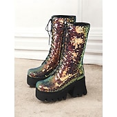 baratos Botas com salto-botas plataforma femininas com cadarço e lantejoulas – botas de salto grosso verde e azul brilhantes para festas, festivais e cosplay