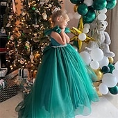 preiswerte Partykleider-kinderkleidung Mädchen Party Kleid Feste Farbe Kurzarm Leistung Gitter Prinzessin Süß Gitter Mitte der Wade Etuikleid Tüll-Kleid Sommer Frühling Herbst 2-12 Jahre Grün