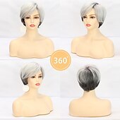 رخيصةأون كبار السن شعر مستعار-باروكة شعر قصيرة للنساء، باروكة شعر صناعية مستقيمة، قصات شعر جانبية، جزء جانبي مقلوب، باروكة شعر قصيرة مع طبقات، غرة مائلة بدون غراء