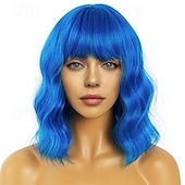 abordables Perruques de carnaval-perruques courtes bob avec frange pour femmes perruque ondulée lâche perruque synthétique bouclée ondulée longueur épaule bob perruque cosplay pour fille perruques de costume colorées