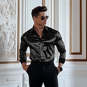 preiswerte Satinhemden für Herren-Herren Hemd Satinhemd Lässiges Hemd Knopfhemd Glatt Hochzeit Urlaub Schwarz Weiß Wein Grün Langarm Kargen Frühling &amp; Herbst Bekleidung
