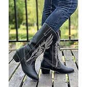 tanie Kowboj i zachodnie buty-damskie kowbojskie buty w stylu western – klasyczne, sięgające do połowy łydki, brązowe, ze sztucznej skóry z haftowanym wzorem, idealne na co dzień, na festiwale i do strojów wiejskich