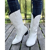 tanie Kowboj i zachodnie buty-damskie kowbojskie buty w stylu western – klasyczne, sięgające do połowy łydki, brązowe, ze sztucznej skóry z haftowanym wzorem, idealne na co dzień, na festiwale i do strojów wiejskich