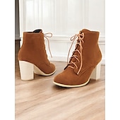 baratos Botas da moda-Botas femininas de salto alto com cadarço e salto bloco – calçados estilosos de inspiração vintage para o outono e roupas casuais