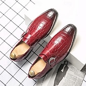 levne Formální-pánské červené boty s řemínkem z umělé kůže s krokodýlím vzorem – elegantní formální design s kovovou přezkou pro svatby a obchodní oděvy