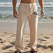 baratos Feriado-Homens Calças de linho Calças Calça verão Calças de praia Com Cordão Cintura elástica Perna reta Coqueiro Conforto Respirável Comprimento total Diário Feriado Praia Férias Moda Preto Branco