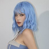 abordables Perruques Synthétiques Sans Bonnet-Perruque de cosplay Boucle rebondissante Bob Coupe Carré Coupe Droite Avec Frange Perruque 14 pouces Bleu Ciel Cheveux Synthétiques Femme Élastique Adorable Confortable Bleu