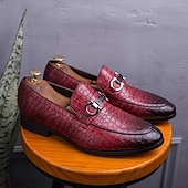 cheap Semi-Formal-Men&#039;s Red Crocodile-Embossed Faux Leather Loafers – Luxury Slip-On Shoes with Sleek Metal Buckle Accent for Formal and Business Wear