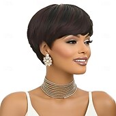 economico Parrucche di capelli veri senza cuffia-parrucca pixie cut per donne nere parrucche corte per capelli umani senza pizzo frontale parrucche corte a strati con frangia per l&#039;uso quotidiano colore naturale