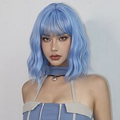abordables Perruques Synthétiques Sans Bonnet-Perruque de cosplay Boucle rebondissante Bob Coupe Carré Coupe Droite Avec Frange Perruque 14 pouces Bleu Ciel Cheveux Synthétiques Femme Élastique Adorable Confortable Bleu