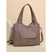 cheap Handbag &amp; Totes-Women&#039;s Vintage Brown Faux Leather Tote Bag with Dual Handles and Adjustable Crossbody Strap – Spacious and Stylish for Everyday Use