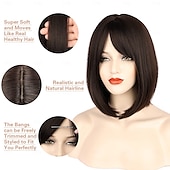 abordables perruque plus âgée-perruque bob avec frange perruques pour femmes look naturel perruque courte avec frange super douce &amp;perruque synthétique résistante à la chaleur avec frange latérale, perruque droite facile à porter