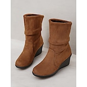 levne Slouch Boots-dámské hnědé semišové kotníkové boty – pohodlný klínový podpatek s prohnutým designem, ideální na podzimní a zimní běžné nošení
