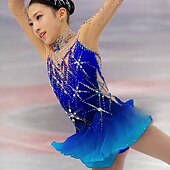 cheap Figure Skating Dresses-Figure Skating Dress Women&#039;s Girls&#039; Ice Skating Dress Blue Patchwork Thumbhole Mesh Spandex Stretchy Training Practice Professional Skating Wear Thermal Warm Crystal / Rhinestone Long Sleeve Ice