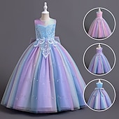 billige Blomsterkjoler-Blomsterpikekjole Barn Jente Prinsesse kjole Ytelse Bryllup Fest Elegant Vakker Paljetter Netting Regnbue Ermeløs Crew-hals Rosa Blå 4 år +