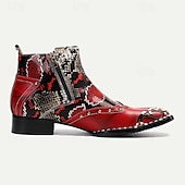 cheap Premium Leather Boots-Men&#039;s Red &amp; Black Snakeskin Leather Ankle Boots with Metallic Toe Cap and Side Zipper – Premium Cowhide Statement Footwear with Stud Accents