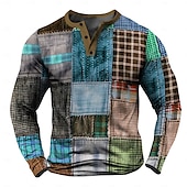 preiswerte Geometrisch-Herren Patchwork Henley Shirt langarmshirt Langarm 3d Drucken Designer Retro Vintage Brautkleider schlicht Strasse Casual Täglich Winter Frühling &amp; Herbst Rote Blau Dunkelblau Henley-Kragen Knopf