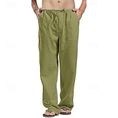 cheap Classic-Men&#039;s Linen Pants Trousers Summer Pants Beach Pants Pocket Drawstring Elastic Waistband Plain Comfort Breathable Full Length Daily Streetwear Fashion Casual / Sporty Loose Fit Dark Khaki Black