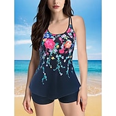 billiga Tankinis-Dam Badkläder 2 st Shorts Baddräkt Öppen rygg geometriska Grafisk Blomma Rund Semester Stylish Baddräkter