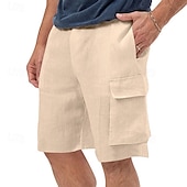 cheap Classic-Men&#039;s Cargo Shorts Shorts Linen Shorts Summer Shorts Beach Shorts Drawstring Elastic Waist Multi Pocket Plain Comfort Breathable Knee Length Outdoor Daily Going out Classic Style Casual Black White