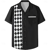 お買い得  メンズボウリングシャツ-男性用 格子柄 ボーリングシャツ ボタンアップシャツ 半袖 カジュアル アスレイジャー 夏 春 キューバンカラー ボタンアップ ポケット ブラック