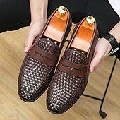 voordelige Semi-formeel-Bruine imitatieleren penny loafers voor heren met geweven bovenkant en rubberen zool - comfortabel en stijlvol voor zakelijke casual of smart casual outfits