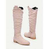 levne Slouch Boots-dámské semišové vysoké boty ke kolenům s přezkou - ležérní plochý podpatek pro každodenní i podzimní módu